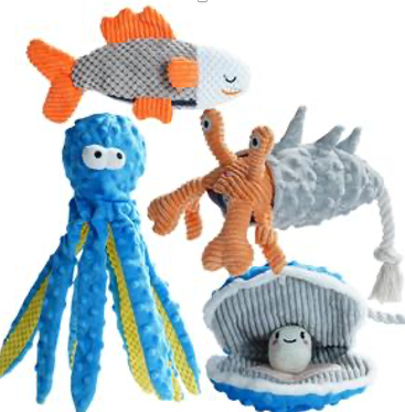 Nocciola 4 PCS Crinkle Squeaky Dog Toys | Octopus, Shark, Hermit Crab & Sea Shell | Stuffed Dog Toys, Interactive Rope Dog Toys for Small, Medium & Large Dogs, Durable for Aggressive Chewers