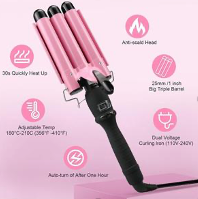 (Approval needed) Three Barrel Curling Iron Wand 1 Inch Ceramic Tourmaline Triple Barrels